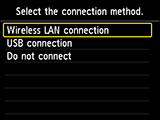 Skærmbilledet Vælg forbindelsesmetode: Vælg Trådløs LAN-forbindelse